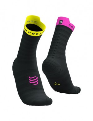 Compressport Pro Race Socks v4.0 Ultralight Run High Hardloopsokken Heren Zwart Geel Roze | NJDAZY540