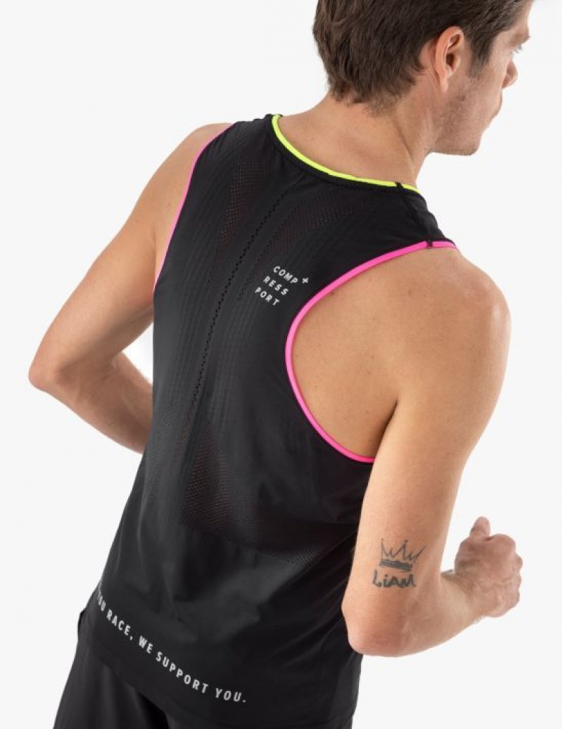 Compressport Pro Race Singlet M Hardloopshirts Heren Zwart Geel Roze | YJOFGT379