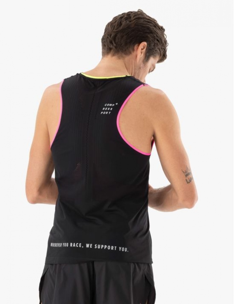 Compressport Pro Race Singlet M Hardloopshirts Heren Zwart Geel Roze | YJOFGT379