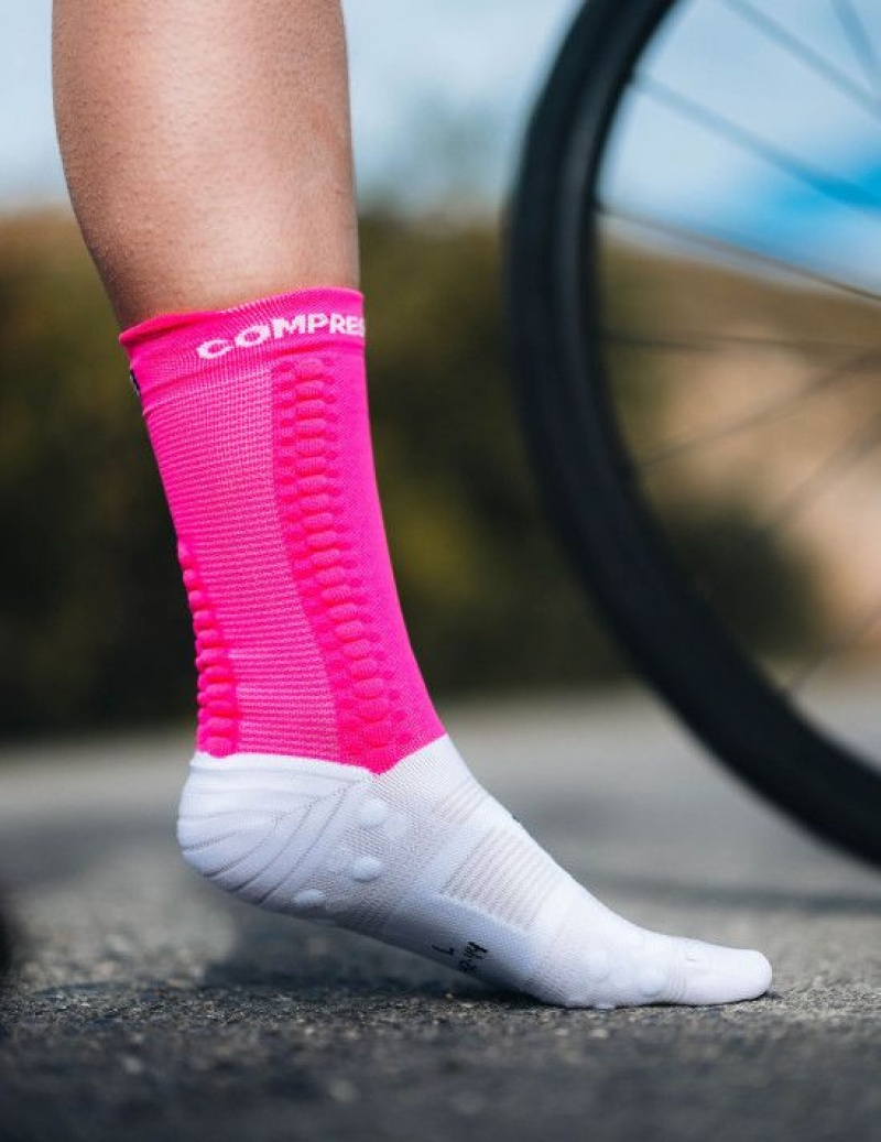 Compressport Pro Race Socks v4.0 Bike Cycling Socks Heren Wit Roze | ZLGFIR840