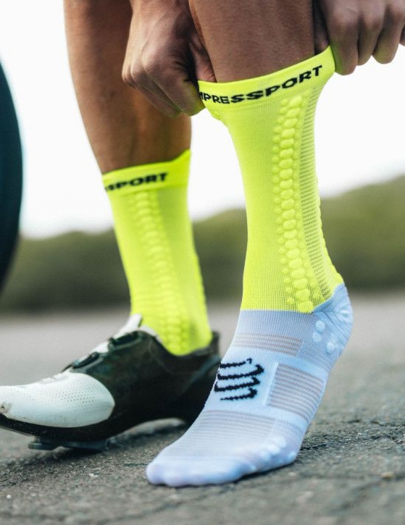 Compressport Pro Race Socks v4.0 Bike Sokken Unisex Wit Geel | XQEAOS156