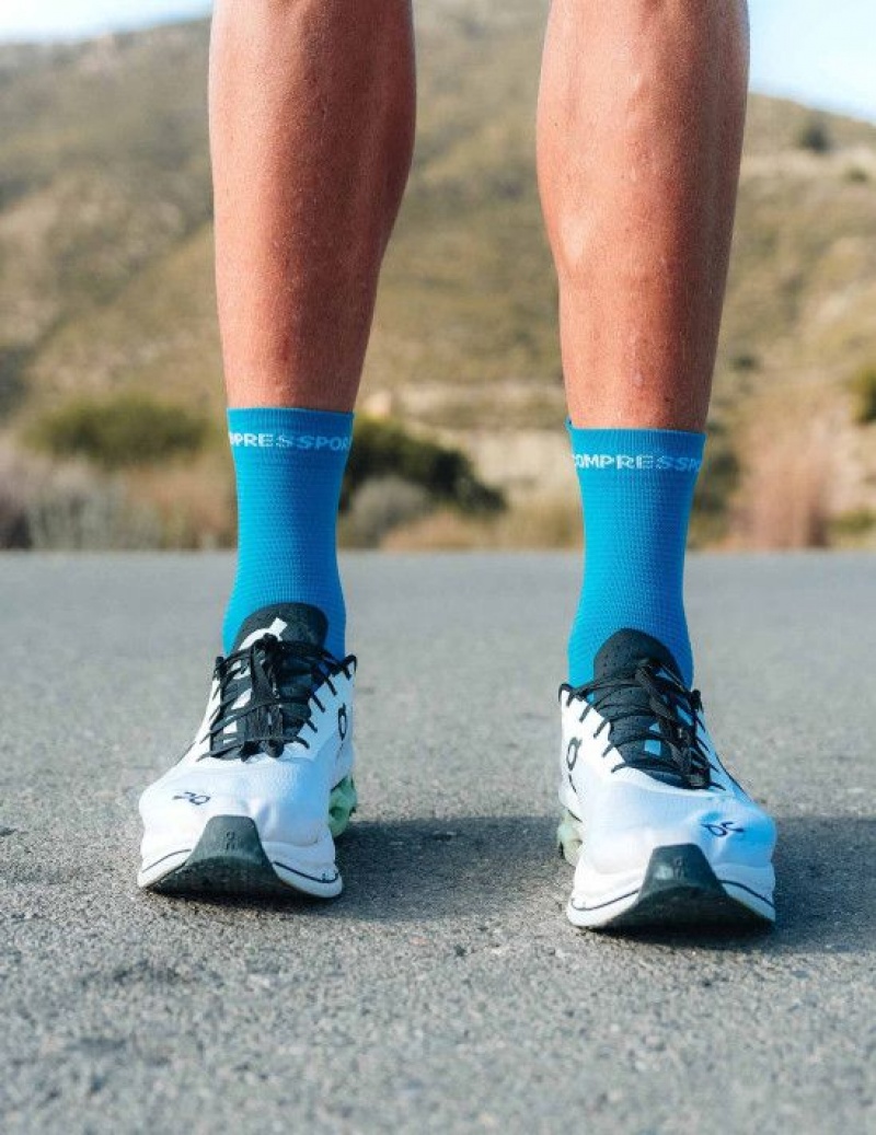 Compressport Pro Race Socks v4.0 Run High Hardloopsokken Heren Blauw Wit | DRCUSF678