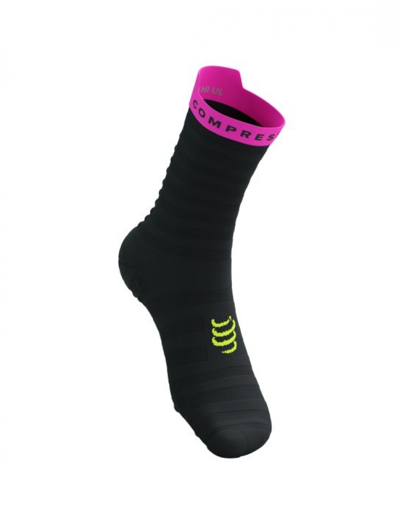 Compressport Pro Race Socks v4.0 Ultralight Run High Hardloopsokken Heren Zwart Geel Roze | NJDAZY540