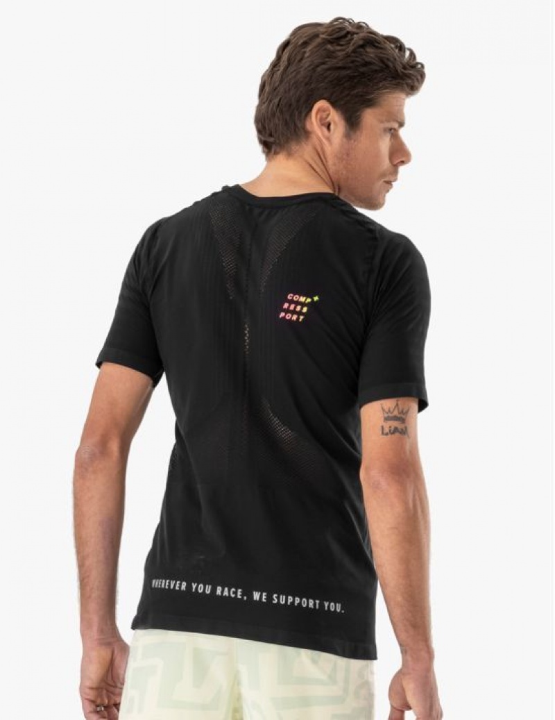 Compressport Race SS Tshirt M T-shirts Unisex Zwart Geel | QYGSLC217