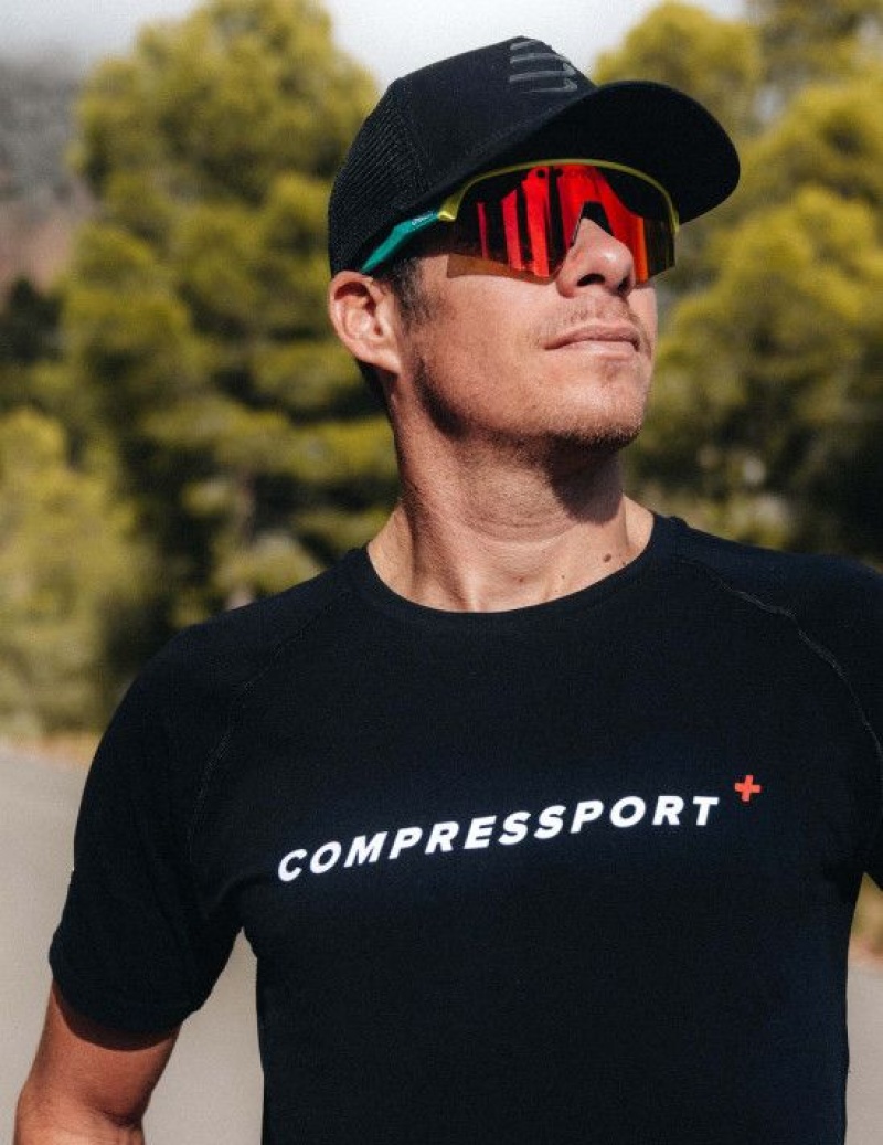 Compressport Training SS Logo Tshirt M Hardloopshirts Heren Zwart | JTQVMS854